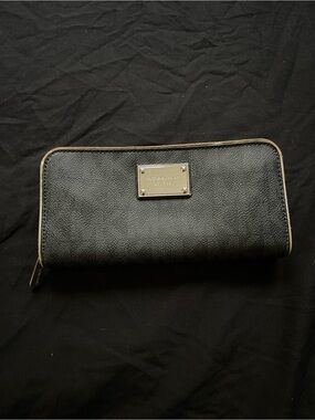 Michael Kors Black Pebbled Leather Clutch with Gold Plaque Zip Around Closure